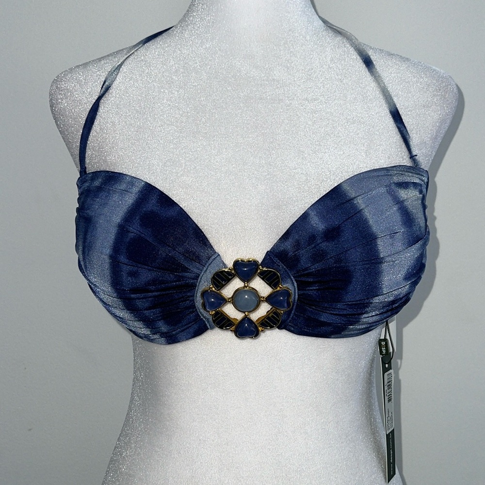 Despite Blue and White Halter Bikini Top with Gold Accent size L NWT
